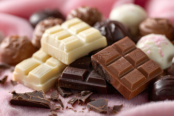 Indulge in a delightful array of chocolates scattered across a soft pink surface, perfect for celebrating love on Valentine's Day.
