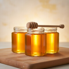 Three jars of amber honey with a wooden dipper on a cutting board. Natural sweet food concept for healthy eating and cooking.