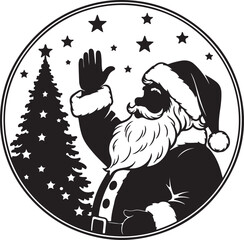 Black silhouette of santa claus waving hand with christmas tree and stars isolated on white background