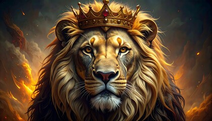 Majestic lion portrait with golden crown against a fiery, smoky background, rendered in an artistic style