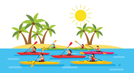 Kayakers paddling through the water under the bright sun and palm trees.