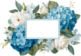 Elegant floral frame, blue hydrangea, white rose, pastel blossom, wedding invitation