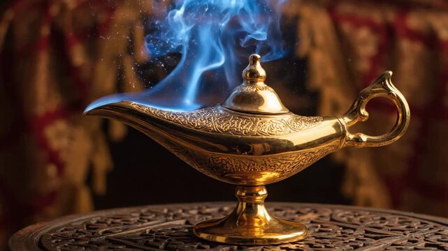 Golden Genie Lamp with Blue Smoke - A golden, ornately detailed genie lamp sits atop a decorative surface, emanating a plume of ethereal blue smoke.