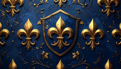 Intricate golden fleur-de-lis pattern on textured blue backdrop, with shield accent
