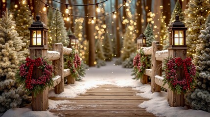 A wooden walkway leads to a snowy forest with lanterns and wreaths