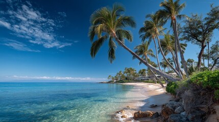 Naklejka premium Tropical scene with palm trees over white sand beach, clear turquoise water, and a bright blue sky with fluffy clouds