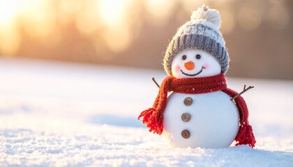 Fototapeta premium Cheerful snowman with carrot nose, scarf, and hat in snowy sunrise landscape with falling snowflakes.