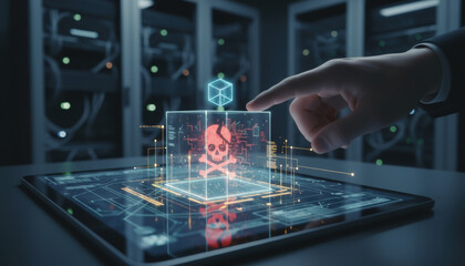 Cybersecurity concept with digital skull symbol on tablet screen representing cyber warfare threat and protection in data center environment