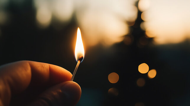 A lit matchstick held in a hand against a blurred bokeh background. The bright flame contrasts with the dark setting, creating a warm and inviting visual. Symbol of ignition and illumination. - Powered by Adobe
