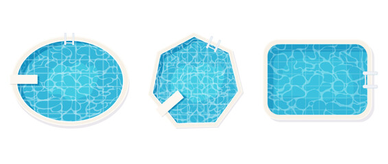 Swimming pool bottom top view with blue water waves texture set. Summer aqua surface with ripples. Spa pool geometrical shapes game texture