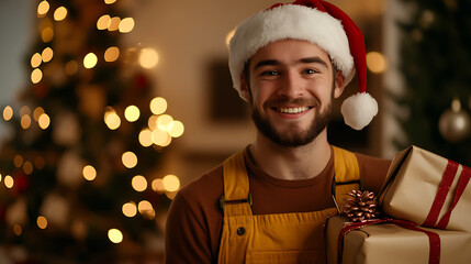 Festive spirit with a smiling man in a Santa hat. He holds gifts wrapped with ribbons in front of a bokeh-lit Christmas tree, spreading joy and holiday cheer.
