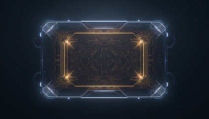 Sci-fi floating HUD with golden runic circuits, holographic glass edges and soft volumetric beams, framed by indigo-silver deep-space gradient; ultra-clean, high-end UI ideal for tech or fantasy mocku