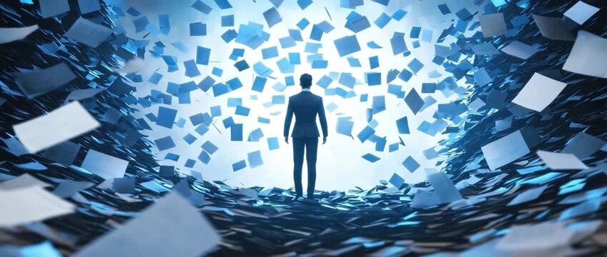 Businessman Facing a Deluge of Documents Overwhelmed by Paperwork Data Overload Concept