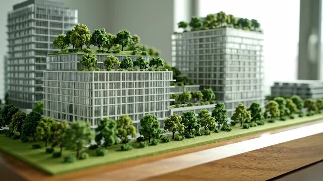 Architectural Model with Green Spaces - A close-up studio shot shows a detailed architectural model with modern buildings surrounded by miniature trees.
