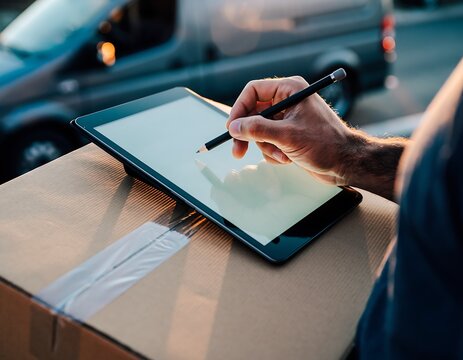 Close up of hand signing digital signature on tablet for parcel delivery confirmation