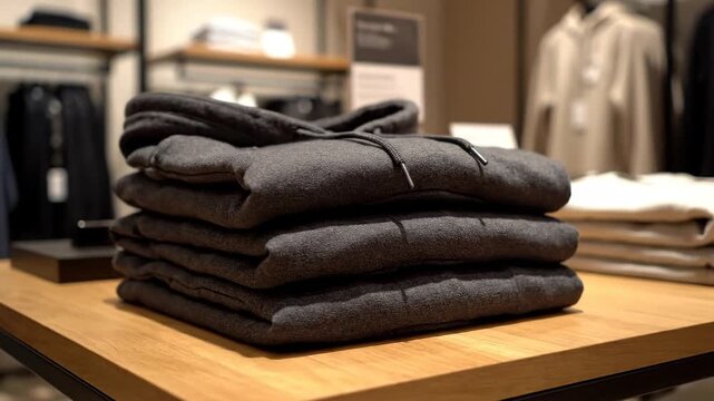 Stacked Grey Hoodies in Retail Setting - A stack of four folded gray hoodies sits neatly on a wooden table within a retail store.