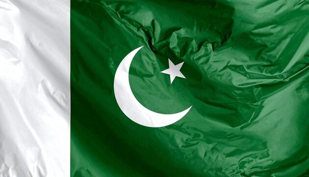 Pakistan national flag with white crescent and star on green field, white stripe on hoist side. - Powered by Adobe