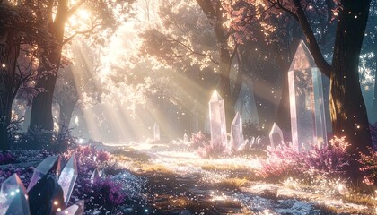 Light streams through a fantastical forest with large crystals and pink flowers illuminating the path