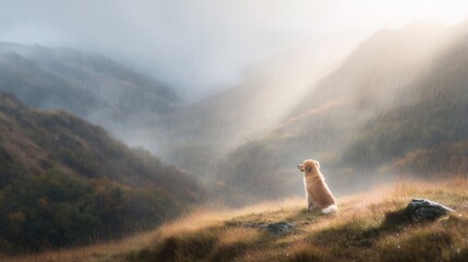 Golden dog sits on mountain top looking at the view during sunrise in the morning