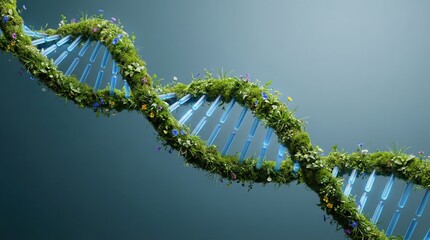 Green DNA double helix with plants flowers, sustainable biotech concept