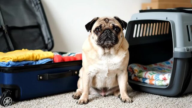Pug Dog Ready for Travel - A fawn pug sits patiently next to an open suitcase packed with clothes and a gray pet carrier with a patterned blanket inside.