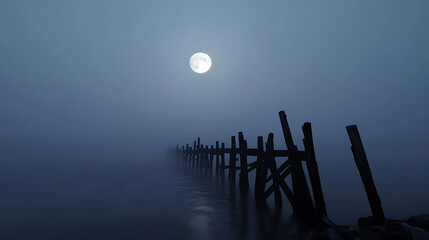 A serene moonlight scene featuring an old wooden pier stretching into a foggy expanse of water under a bright, full moon in the night sky, evoking calm & mystery.