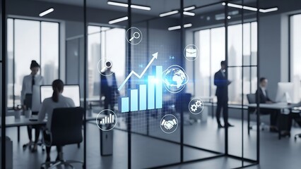 Modern office with holographic financial data visualization