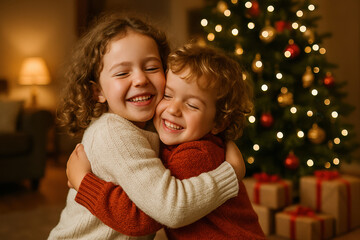 image.pngHappy smile children near a Christmas tree. A little happy girl hugs her small brother.