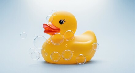 Classic yellow rubber duck surrounded by soap bubbles. Fun childhood bath toy on light blue background. Cleanliness and hygiene concept with copy space