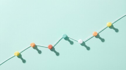 Colorful pins forming upward business growth line on mint background concept