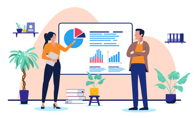 Professional business woman giving a presentation or training session, pointing to a board with pie charts and bar graphs while a male colleague listens, flat design vector illustration