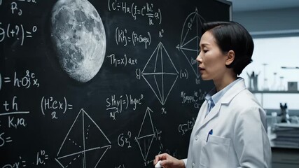 Female Scientist at Blackboard with Equations - An Asian female scientist in a white lab coat is writing equations and diagrams on a large blackboard in a laboratory setting. - Powered by Adobe