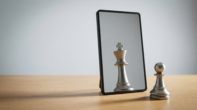 Chess pawn in mirror seeing king reflection, ambition self confidence concept