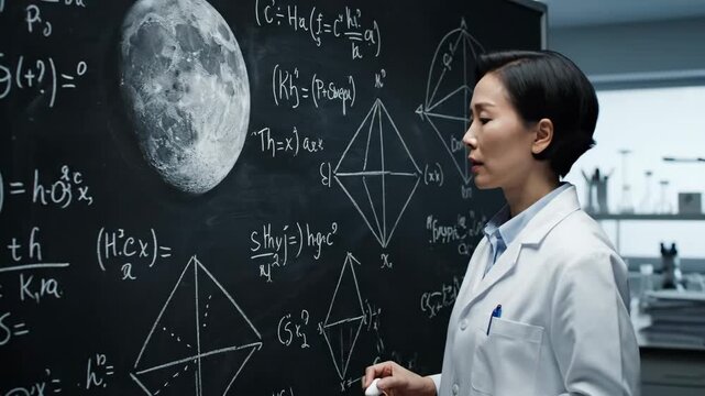 Female Scientist at Blackboard with Equations - An Asian female scientist in a white lab coat is writing equations and diagrams on a large blackboard in a laboratory setting.