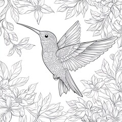 Obraz premium Hummingbird in flight, flowers, nature, coloring book page, illustration