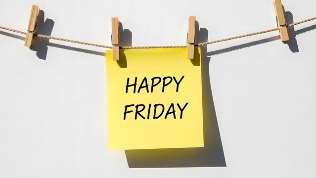 Sticky Note with &ldquo;Happy Friday&rdquo; Hanging on a String with Wooden Clip
