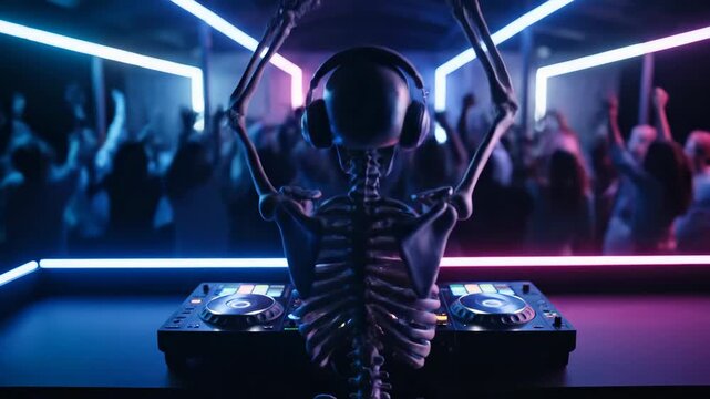 Skeleton DJ at Nightclub - A skeleton DJ wearing headphones is performing at a nightclub, using an audio mixer. A crowd of dancing people are in the background with neon lights.