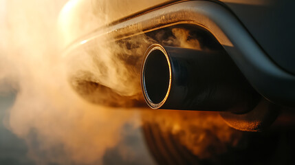 Close-up shot of a car exhaust pipe expelling fumes, highlighting environmental concerns and automotive emissions. Focus on pollution and tailpipe gas.