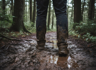 Man wearing dirty pants and boots standing in mud puddle in forest. Outdoor adventure concept for hiking and trekking.