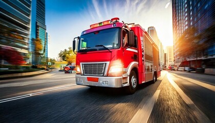 A fire truck with flashing lights speeding through city streets