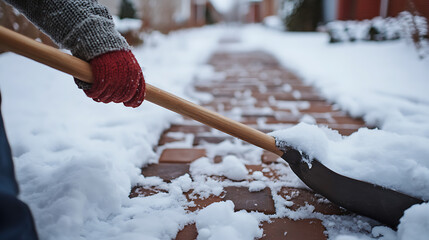 Shoveling snow from a brick pathway on a cold winter day. The person is wearing gloves as they clear the way. Stay safe and warm this season! #WinterCleanup