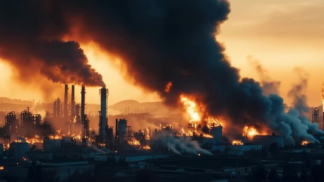 Environmental Catastrophe: An imposing industrial landscape is marred by thick smoke, flames, and pollution, underscoring the pressing realities of environmental degradation.