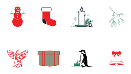 Collection of flat christmas icons: snowman, stocking, candle, mistletoe, angel, gift, penguin, bell.