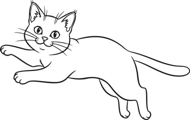 Whimsical cat in jumping pose with arched back, extended paws, pointed ears, expressive eyes, and trailing tail. Continuous thin black outline vectors on clear background, aligning with popular simple