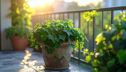Potted plants on a balcony bathed in warm morning sunlight, creating a serene and green urban oasis.