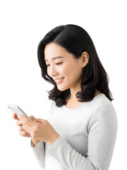 Engaged young Asian woman happily interacting with her smartphone, enjoying seamless digital communication and the convenience of modern mobile technology