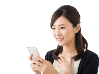 Professional young woman happily viewing engaging content on her smartphone, conveying feelings of joy and connection through mobile technology and digital communication