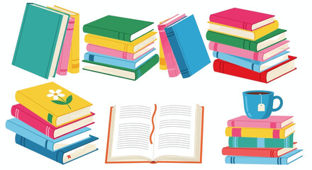 Colorful stacked books, open textbook, and warm tea cup drawing