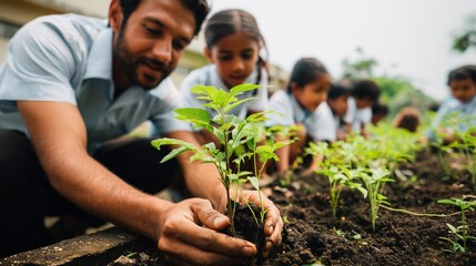 Teacher guiding children planting young plant in school garden, learning about nature and sustainability