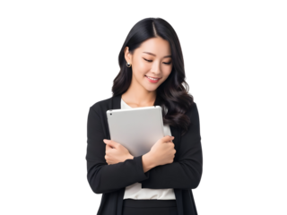 Confident young Asian business professional woman smiling while holding a digital tablet, symbolizing modern technology integration, seamless connectivity, and professional efficiency in the workplace